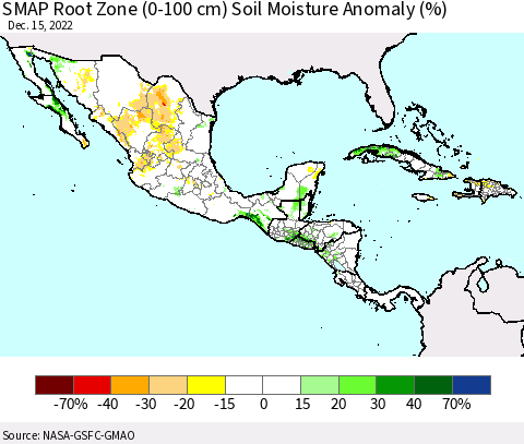 Mexico Central America and the Caribbean SMAP Root Zone (0-100 cm) Soil Moisture Anomaly (%) Thematic Map For 12/11/2022 - 12/15/2022