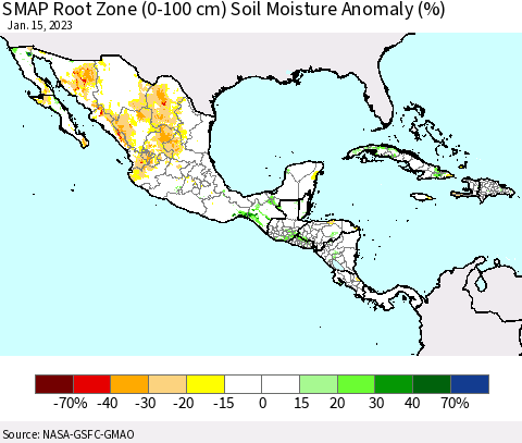 Mexico Central America and the Caribbean SMAP Root Zone (0-100 cm) Soil Moisture Anomaly (%) Thematic Map For 1/11/2023 - 1/15/2023