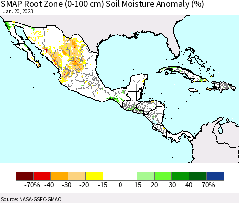 Mexico Central America and the Caribbean SMAP Root Zone (0-100 cm) Soil Moisture Anomaly (%) Thematic Map For 1/16/2023 - 1/20/2023