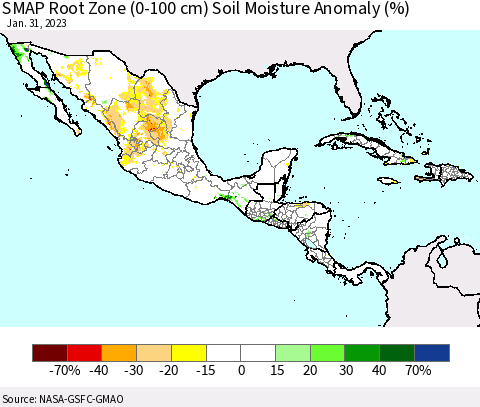 Mexico Central America and the Caribbean SMAP Root Zone (0-100 cm) Soil Moisture Anomaly (%) Thematic Map For 1/26/2023 - 1/31/2023