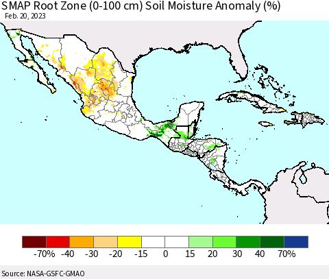 Mexico Central America and the Caribbean SMAP Root Zone (0-100 cm) Soil Moisture Anomaly (%) Thematic Map For 2/16/2023 - 2/20/2023