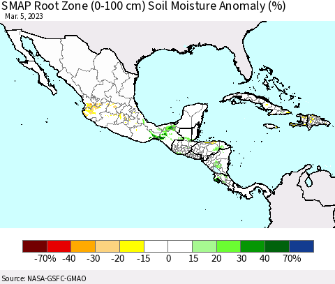 Mexico Central America and the Caribbean SMAP Root Zone (0-100 cm) Soil Moisture Anomaly (%) Thematic Map For 3/1/2023 - 3/5/2023