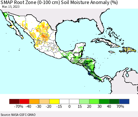 Mexico Central America and the Caribbean SMAP Root Zone (0-100 cm) Soil Moisture Anomaly (%) Thematic Map For 3/11/2023 - 3/15/2023
