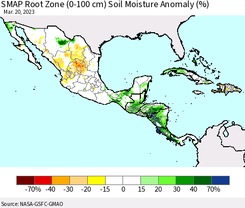 Mexico Central America and the Caribbean SMAP Root Zone (0-100 cm) Soil Moisture Anomaly (%) Thematic Map For 3/16/2023 - 3/20/2023
