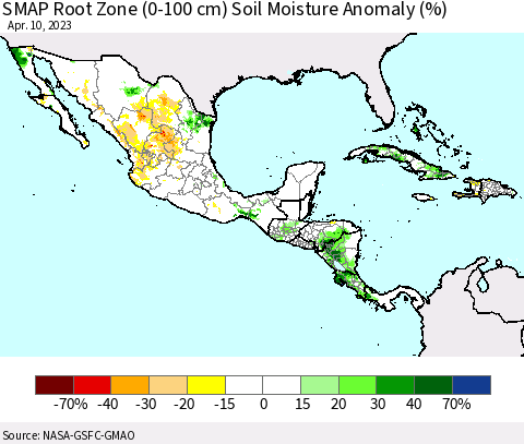Mexico Central America and the Caribbean SMAP Root Zone (0-100 cm) Soil Moisture Anomaly (%) Thematic Map For 4/6/2023 - 4/10/2023