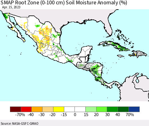 Mexico Central America and the Caribbean SMAP Root Zone (0-100 cm) Soil Moisture Anomaly (%) Thematic Map For 4/11/2023 - 4/15/2023