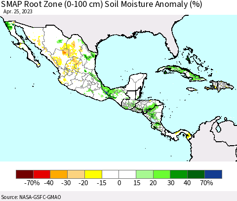 Mexico Central America and the Caribbean SMAP Root Zone (0-100 cm) Soil Moisture Anomaly (%) Thematic Map For 4/21/2023 - 4/25/2023