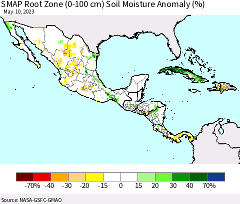 Mexico Central America and the Caribbean SMAP Root Zone (0-100 cm) Soil Moisture Anomaly (%) Thematic Map For 5/6/2023 - 5/10/2023