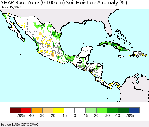 Mexico Central America and the Caribbean SMAP Root Zone (0-100 cm) Soil Moisture Anomaly (%) Thematic Map For 5/11/2023 - 5/15/2023