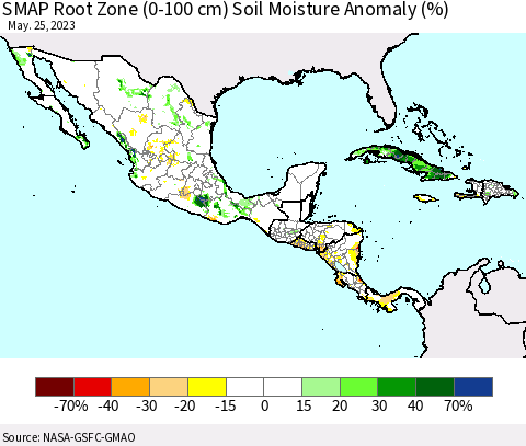 Mexico Central America and the Caribbean SMAP Root Zone (0-100 cm) Soil Moisture Anomaly (%) Thematic Map For 5/21/2023 - 5/25/2023