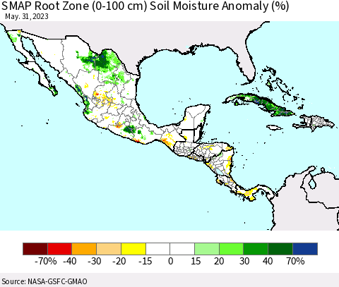 Mexico Central America and the Caribbean SMAP Root Zone (0-100 cm) Soil Moisture Anomaly (%) Thematic Map For 5/26/2023 - 5/31/2023