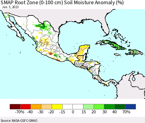 Mexico Central America and the Caribbean SMAP Root Zone (0-100 cm) Soil Moisture Anomaly (%) Thematic Map For 6/1/2023 - 6/5/2023