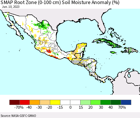 Mexico Central America and the Caribbean SMAP Root Zone (0-100 cm) Soil Moisture Anomaly (%) Thematic Map For 6/6/2023 - 6/10/2023