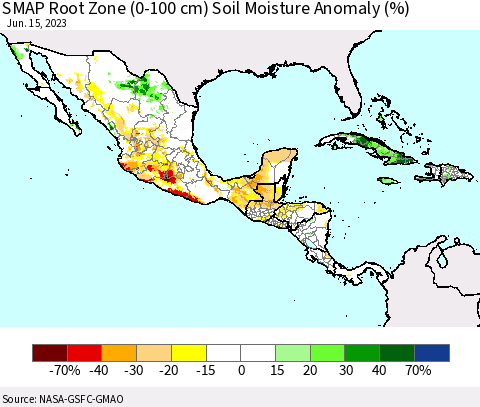 Mexico Central America and the Caribbean SMAP Root Zone (0-100 cm) Soil Moisture Anomaly (%) Thematic Map For 6/11/2023 - 6/15/2023