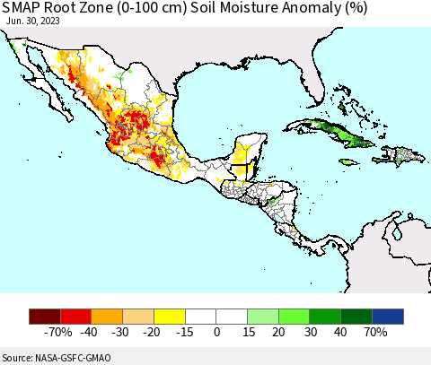 Mexico Central America and the Caribbean SMAP Root Zone (0-100 cm) Soil Moisture Anomaly (%) Thematic Map For 6/26/2023 - 6/30/2023