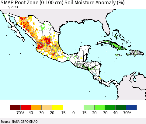 Mexico Central America and the Caribbean SMAP Root Zone (0-100 cm) Soil Moisture Anomaly (%) Thematic Map For 7/1/2023 - 7/5/2023