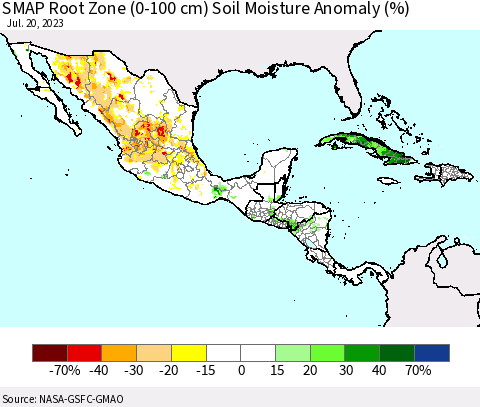 Mexico Central America and the Caribbean SMAP Root Zone (0-100 cm) Soil Moisture Anomaly (%) Thematic Map For 7/16/2023 - 7/20/2023