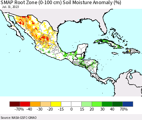 Mexico Central America and the Caribbean SMAP Root Zone (0-100 cm) Soil Moisture Anomaly (%) Thematic Map For 7/26/2023 - 7/31/2023