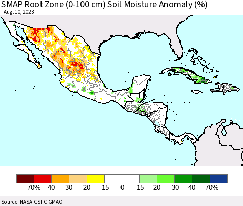 Mexico Central America and the Caribbean SMAP Root Zone (0-100 cm) Soil Moisture Anomaly (%) Thematic Map For 8/6/2023 - 8/10/2023