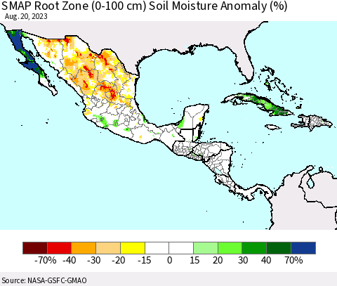 Mexico Central America and the Caribbean SMAP Root Zone (0-100 cm) Soil Moisture Anomaly (%) Thematic Map For 8/16/2023 - 8/20/2023