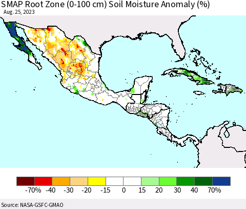 Mexico Central America and the Caribbean SMAP Root Zone (0-100 cm) Soil Moisture Anomaly (%) Thematic Map For 8/21/2023 - 8/25/2023