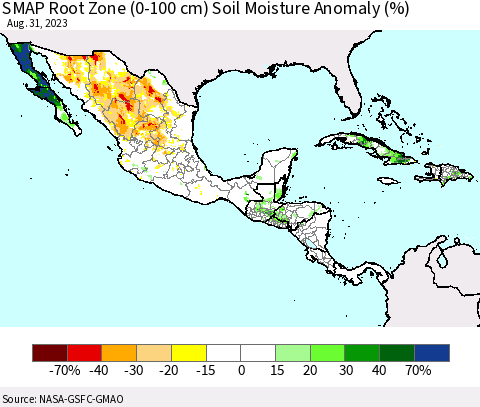 Mexico Central America and the Caribbean SMAP Root Zone (0-100 cm) Soil Moisture Anomaly (%) Thematic Map For 8/26/2023 - 8/31/2023
