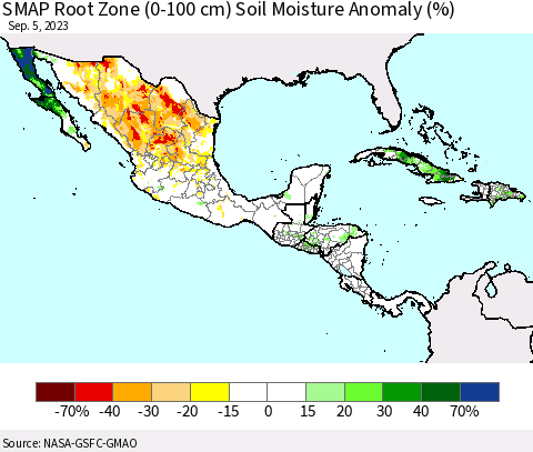 Mexico Central America and the Caribbean SMAP Root Zone (0-100 cm) Soil Moisture Anomaly (%) Thematic Map For 9/1/2023 - 9/5/2023