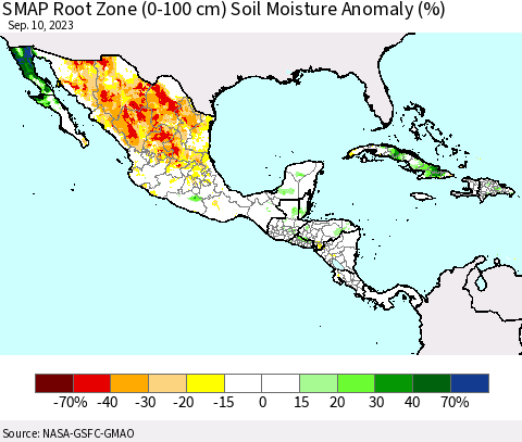 Mexico Central America and the Caribbean SMAP Root Zone (0-100 cm) Soil Moisture Anomaly (%) Thematic Map For 9/6/2023 - 9/10/2023
