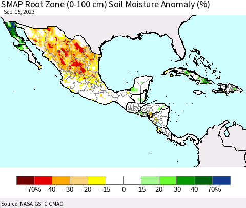 Mexico Central America and the Caribbean SMAP Root Zone (0-100 cm) Soil Moisture Anomaly (%) Thematic Map For 9/11/2023 - 9/15/2023