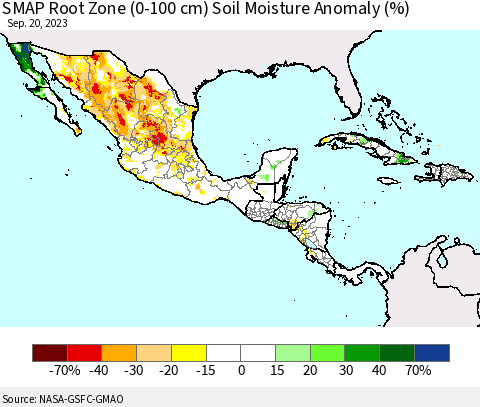Mexico Central America and the Caribbean SMAP Root Zone (0-100 cm) Soil Moisture Anomaly (%) Thematic Map For 9/16/2023 - 9/20/2023