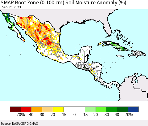 Mexico Central America and the Caribbean SMAP Root Zone (0-100 cm) Soil Moisture Anomaly (%) Thematic Map For 9/21/2023 - 9/25/2023