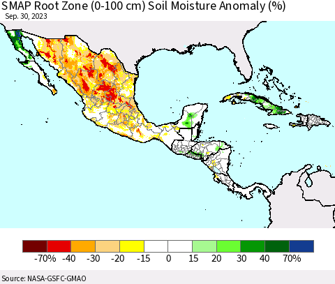 Mexico Central America and the Caribbean SMAP Root Zone (0-100 cm) Soil Moisture Anomaly (%) Thematic Map For 9/26/2023 - 9/30/2023