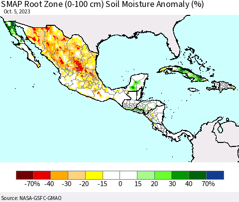 Mexico Central America and the Caribbean SMAP Root Zone (0-100 cm) Soil Moisture Anomaly (%) Thematic Map For 10/1/2023 - 10/5/2023
