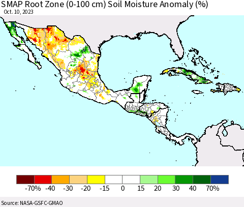 Mexico Central America and the Caribbean SMAP Root Zone (0-100 cm) Soil Moisture Anomaly (%) Thematic Map For 10/6/2023 - 10/10/2023