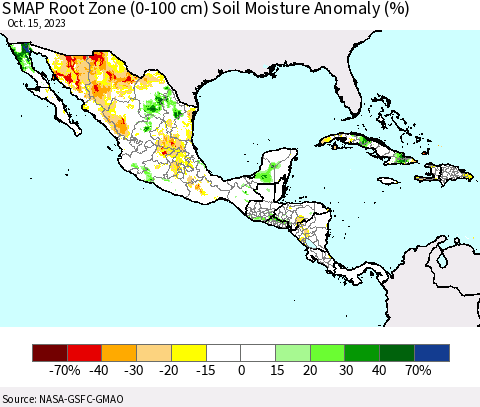 Mexico Central America and the Caribbean SMAP Root Zone (0-100 cm) Soil Moisture Anomaly (%) Thematic Map For 10/11/2023 - 10/15/2023