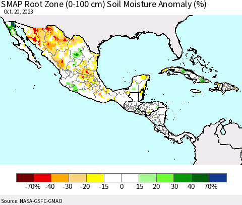 Mexico Central America and the Caribbean SMAP Root Zone (0-100 cm) Soil Moisture Anomaly (%) Thematic Map For 10/16/2023 - 10/20/2023
