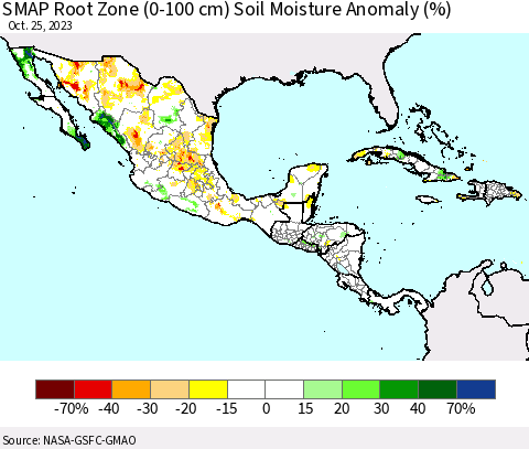Mexico Central America and the Caribbean SMAP Root Zone (0-100 cm) Soil Moisture Anomaly (%) Thematic Map For 10/21/2023 - 10/25/2023
