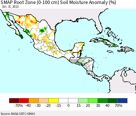 Mexico Central America and the Caribbean SMAP Root Zone (0-100 cm) Soil Moisture Anomaly (%) Thematic Map For 10/26/2023 - 10/31/2023