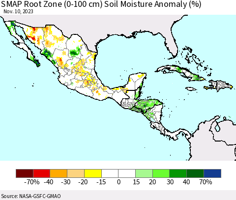 Mexico Central America and the Caribbean SMAP Root Zone (0-100 cm) Soil Moisture Anomaly (%) Thematic Map For 11/6/2023 - 11/10/2023