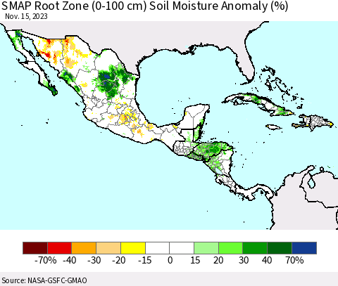Mexico Central America and the Caribbean SMAP Root Zone (0-100 cm) Soil Moisture Anomaly (%) Thematic Map For 11/11/2023 - 11/15/2023