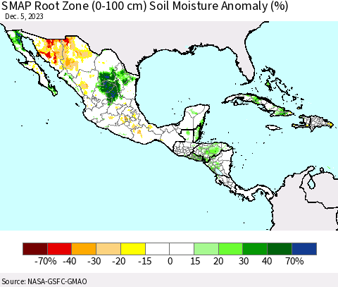 Mexico Central America and the Caribbean SMAP Root Zone (0-100 cm) Soil Moisture Anomaly (%) Thematic Map For 12/1/2023 - 12/5/2023