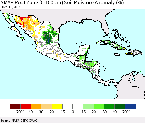 Mexico Central America and the Caribbean SMAP Root Zone (0-100 cm) Soil Moisture Anomaly (%) Thematic Map For 12/11/2023 - 12/15/2023