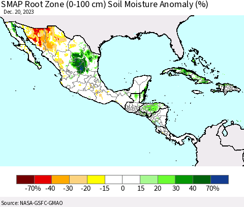 Mexico Central America and the Caribbean SMAP Root Zone (0-100 cm) Soil Moisture Anomaly (%) Thematic Map For 12/16/2023 - 12/20/2023