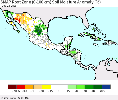 Mexico Central America and the Caribbean SMAP Root Zone (0-100 cm) Soil Moisture Anomaly (%) Thematic Map For 12/21/2023 - 12/25/2023