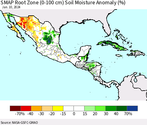 Mexico Central America and the Caribbean SMAP Root Zone (0-100 cm) Soil Moisture Anomaly (%) Thematic Map For 1/6/2024 - 1/10/2024