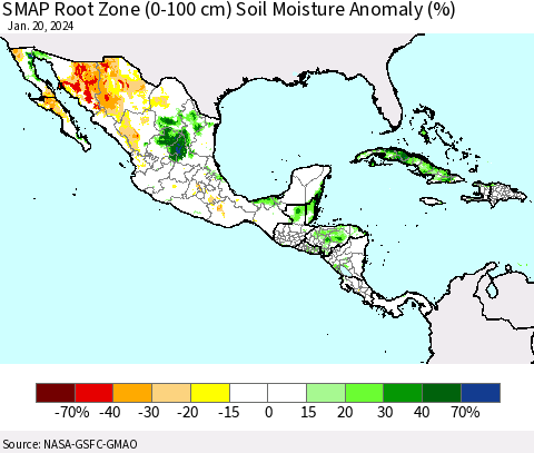 Mexico Central America and the Caribbean SMAP Root Zone (0-100 cm) Soil Moisture Anomaly (%) Thematic Map For 1/16/2024 - 1/20/2024