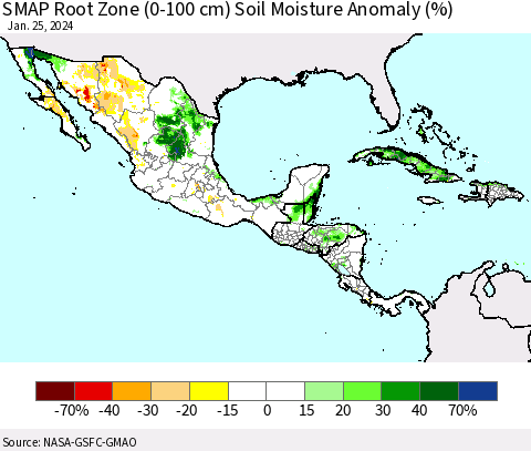 Mexico Central America and the Caribbean SMAP Root Zone (0-100 cm) Soil Moisture Anomaly (%) Thematic Map For 1/21/2024 - 1/25/2024