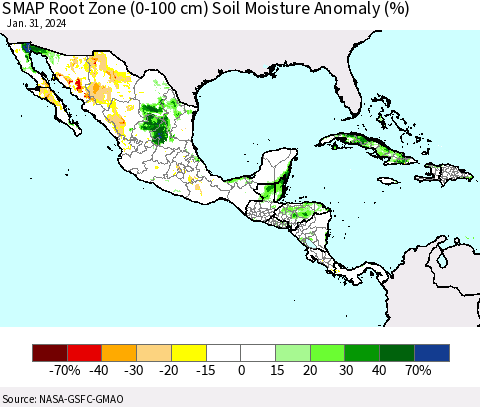 Mexico Central America and the Caribbean SMAP Root Zone (0-100 cm) Soil Moisture Anomaly (%) Thematic Map For 1/26/2024 - 1/31/2024