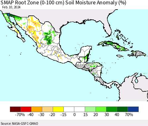 Mexico Central America and the Caribbean SMAP Root Zone (0-100 cm) Soil Moisture Anomaly (%) Thematic Map For 2/6/2024 - 2/10/2024
