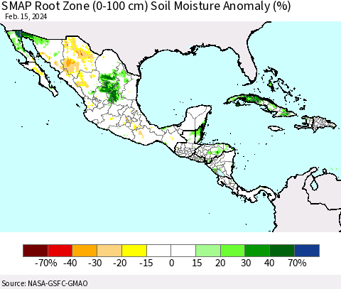 Mexico Central America and the Caribbean SMAP Root Zone (0-100 cm) Soil Moisture Anomaly (%) Thematic Map For 2/11/2024 - 2/15/2024
